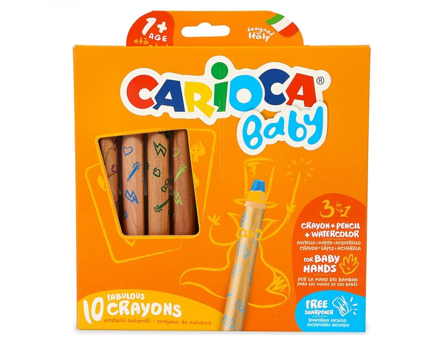 CARİOCA JUMBO BEBEK AHŞAP GÖVDELİ BOYA KALEMİ 3 IN 1 10LI KALEMTRAŞ HEDİYELİ +1 YAŞ