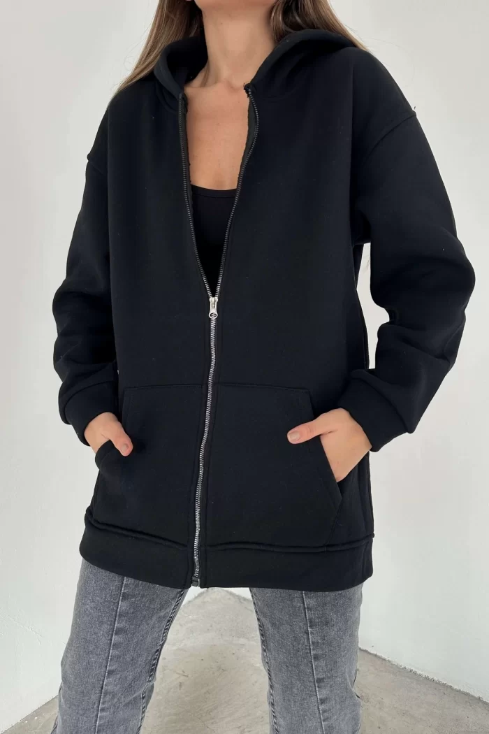 Kadın Siyah Fermuarlı Kapişonlu Oversize Sweatshirt 1009-3002