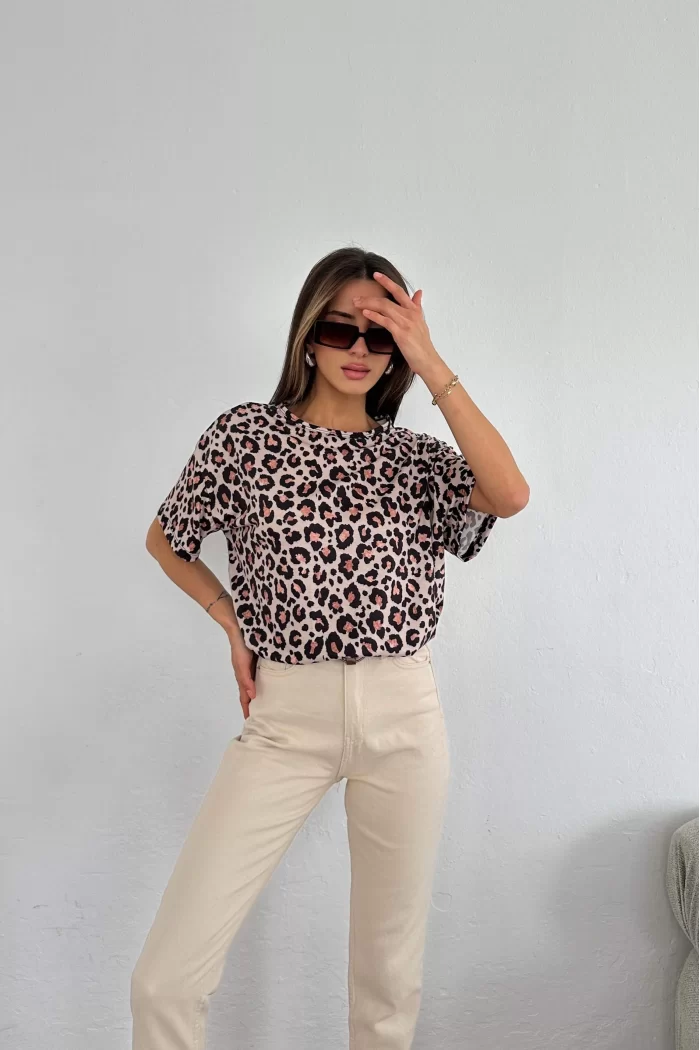 Kadın Bej Leopar Desen T-shirt 0999-24098