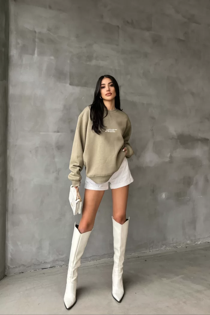 Kadın Haki Oversize Sweatshirt 1017-6114