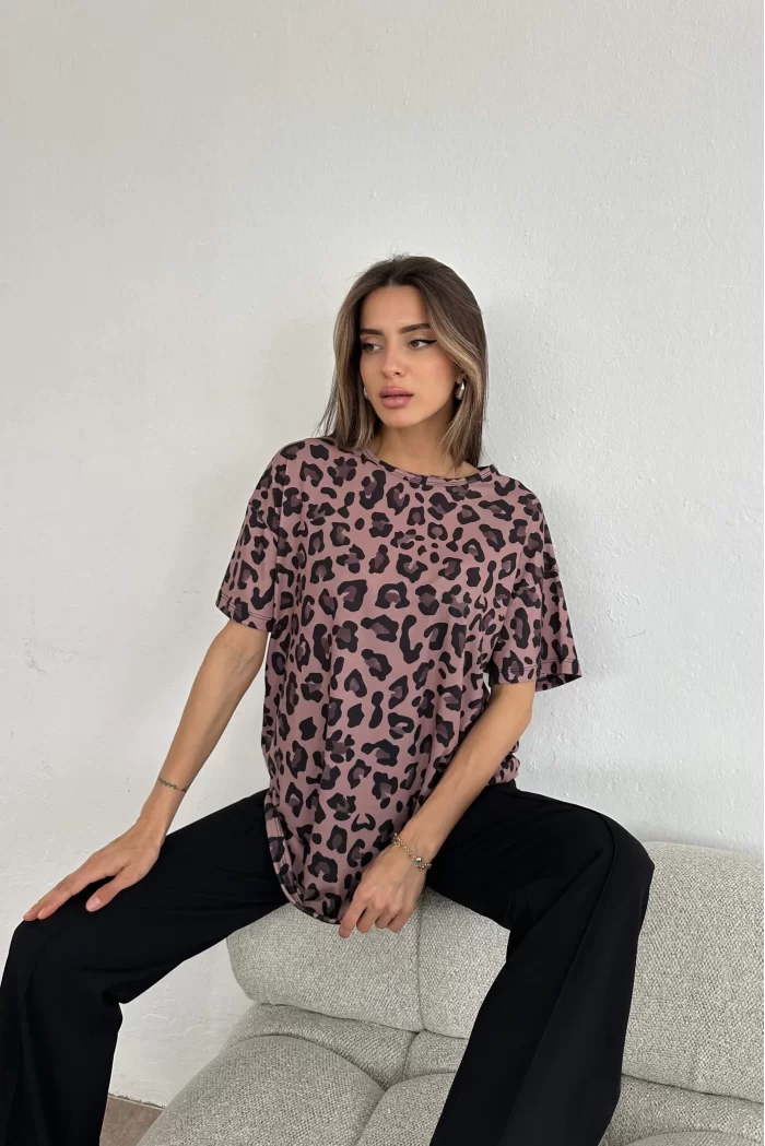 Kadın Kahve Leopar Desen T-shirt 0999-24098