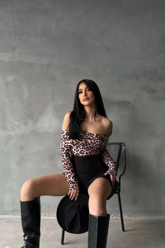 Kadın Leopar Çıtçıtlı Bodysuit 1017-2406