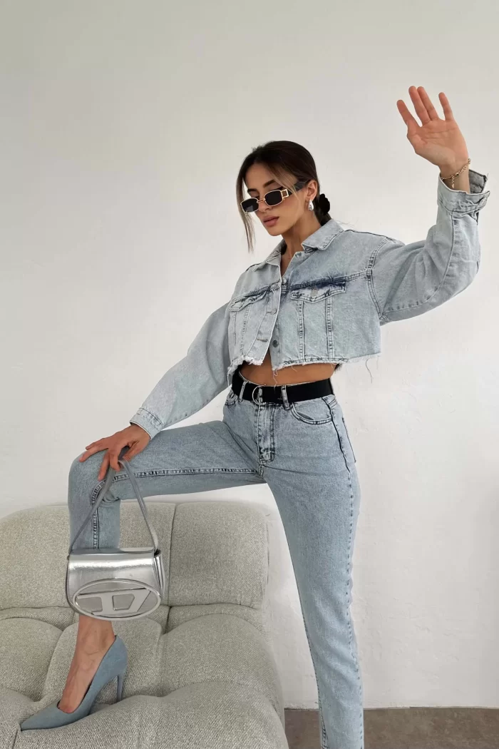 Kadın Mavi Crop Denim Ceket EKA-0961-5017