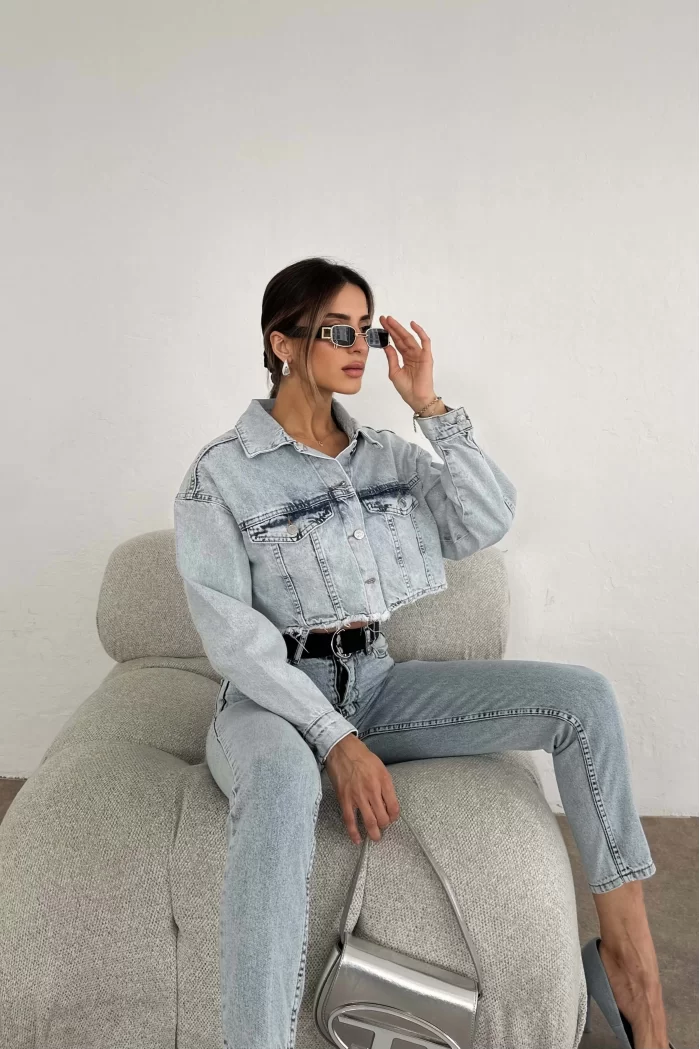 Kadın Mavi Crop Denim Ceket EKA-0961-5017