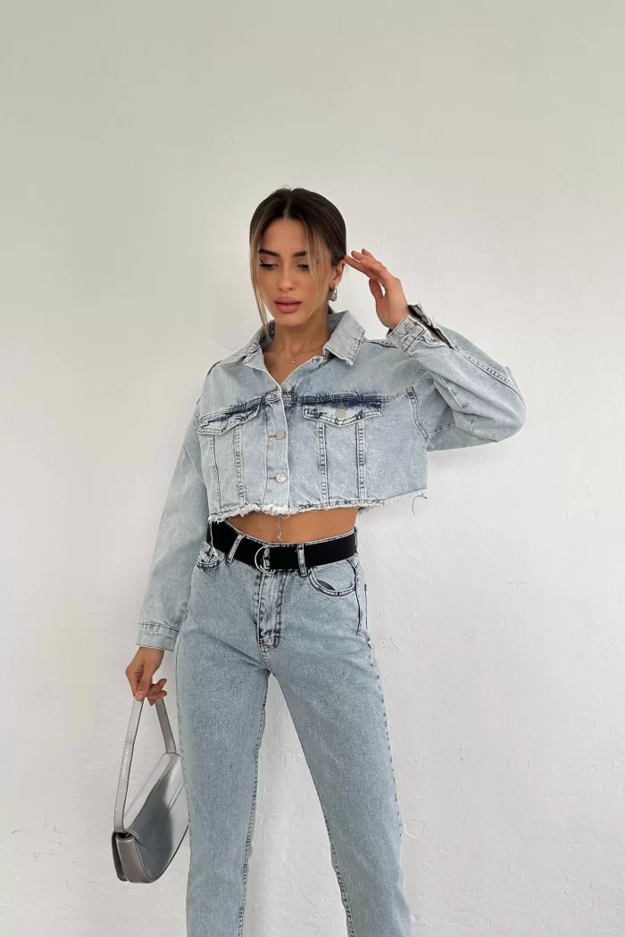 Kadın Mavi Crop Denim Ceket EKA-0961-5017