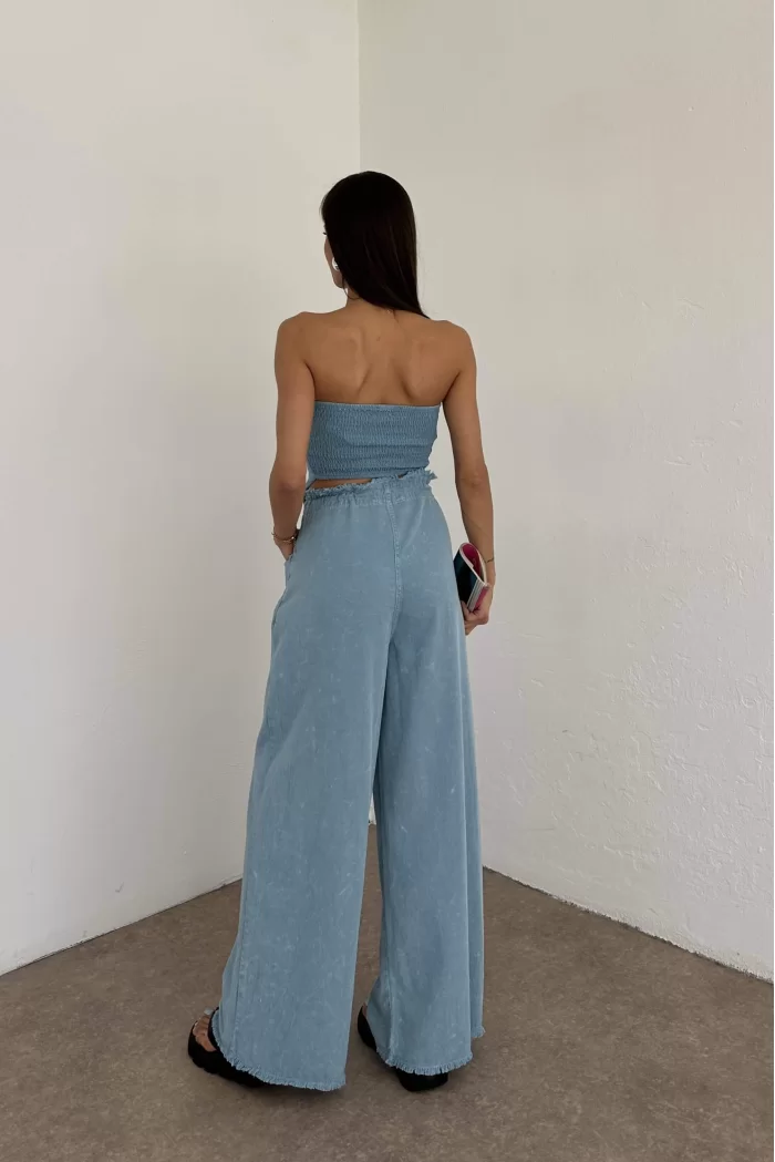 Kadın Mavi Jean Görünümlü Yıkamalı Pantolon 1006-2315