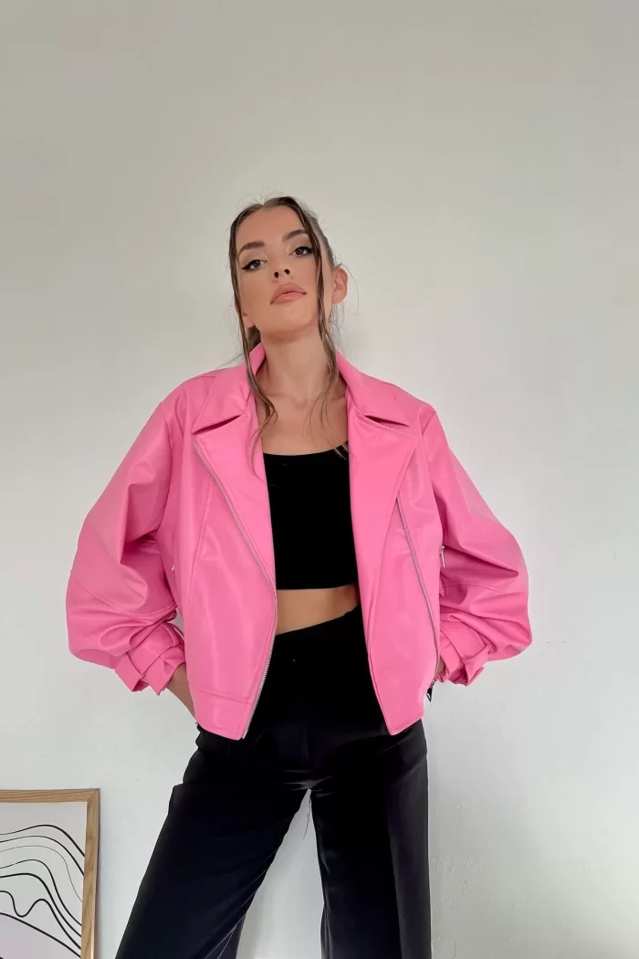 Kadın Pembe Oversize Deri Ceket 0991-9999