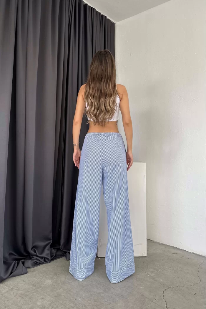 Kadın Saks Lastikli Çizgili Oversize Pantolon 1017-0133