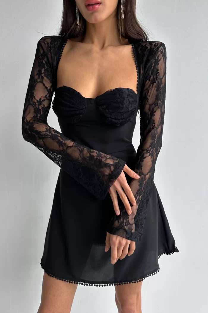 Kadın Siyah Dantel Detay Elbise 1026-221477
