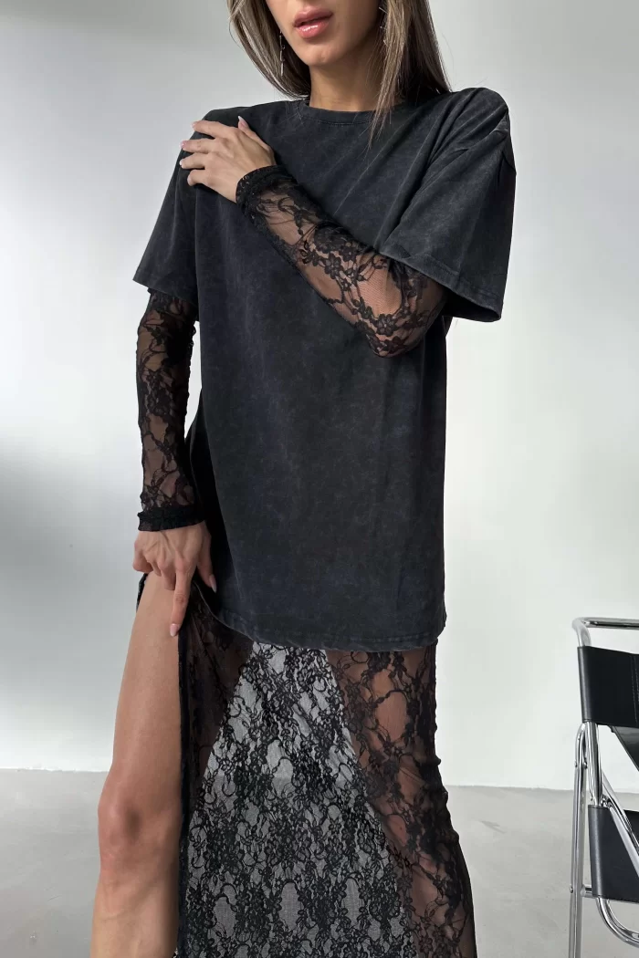 Kadın Siyah Dantel Elbise T-shirt Takım 1026-221435