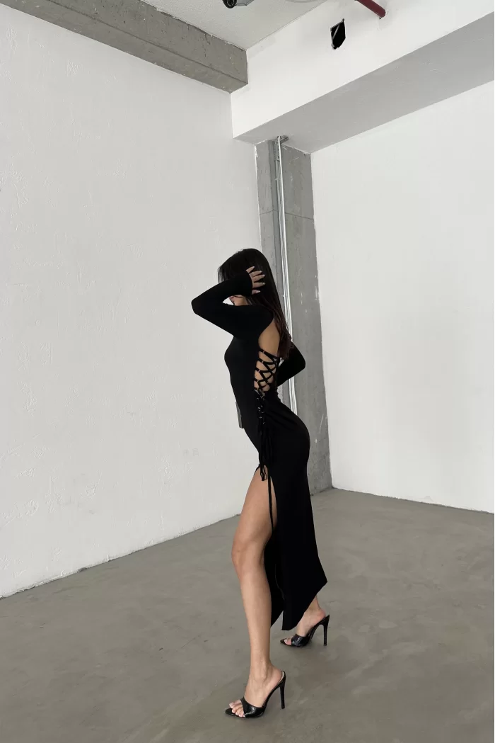 Kadın Siyah Sırt Dekolte Elbise 1026-221380