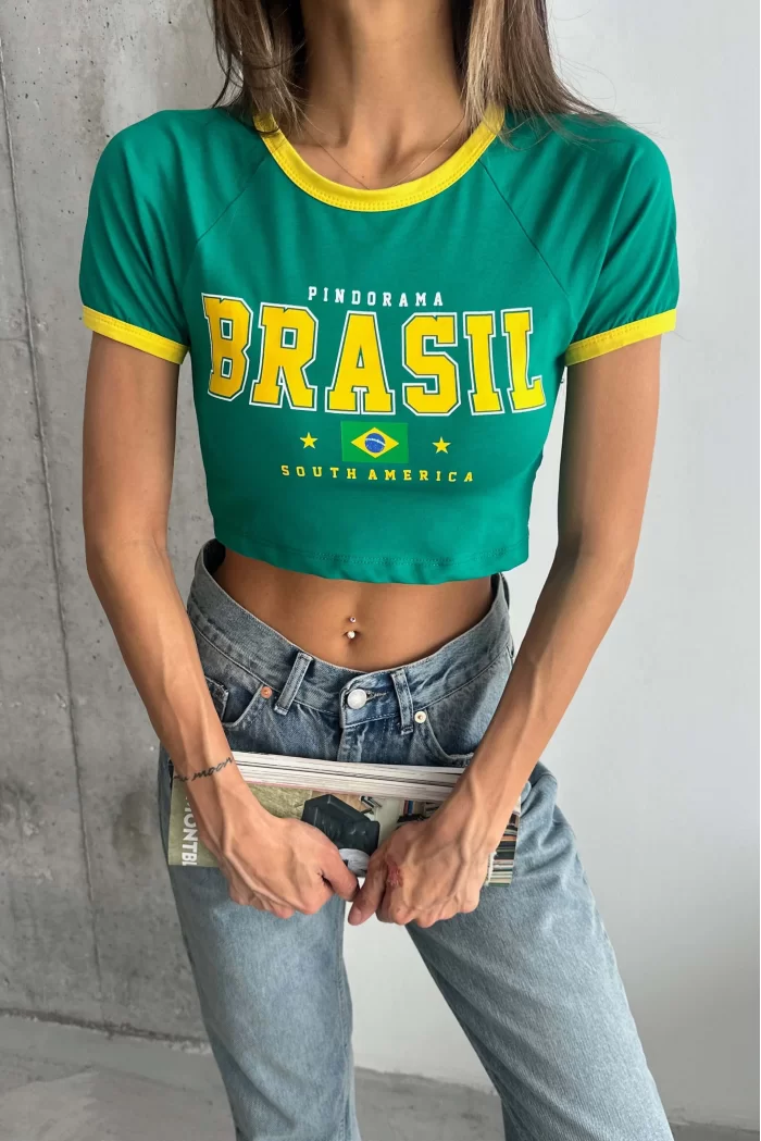 Kadın Yeşil Brasil Baskı Crop 1017-0151