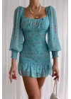 Kadın Mint Gipeli Çiçek Desen Elbise 0990-2643