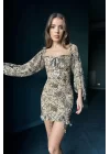 Kadın Bej Leopar Desen Tül Elbise 0990-2709