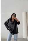 Kadın Siyah Oversize Saten Gömlek 0999-0002