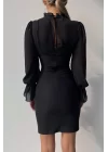 Kadın Siyah Kol Ucu Lastikli Tül Detay Elbise 0291-10642