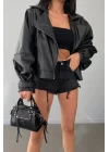 Kadın Siyah Oversize Deri Ceket 0991-9999