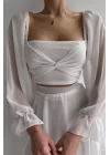 Kadın Beyaz Bel Detaylı Tül Elbise 0990-212045