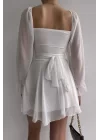 Kadın Beyaz Bel Detaylı Tül Elbise 0990-212045