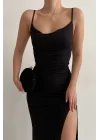 Kadın Siyah Askılı Yırtmaçlı Uzun Elbise 1009-1034