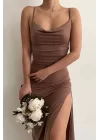 Kadın Vizon Askılı Yırtmaçlı Uzun Elbise 1009-1034