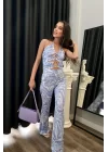 Kadın Lila Desenli Pantolon Büstiyer Takım 0990-22357