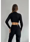 Kadın Siyah Dik Yaka Fitilli Basic Crop 0956-1377