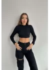Kadın Siyah Dik Yaka Fitilli Basic Crop 0956-1377