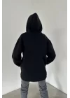 Kadın Siyah Fermuarlı Kapişonlu Oversize Sweatshirt 1009-3002