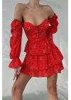Kadın Kirmizi Çiçek Desen Elbise 0990-231003