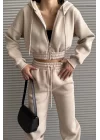 Kadın Bej Kapişonlu Sweat Eşofman Takım 0994-0022