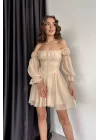 Kadın Bej Lastikli Şifon Elbise 0990-231023
