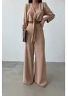 Kadın Bej Oversize Crop Pantolon Takım 0999-23118