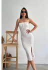 Kadın Beyaz Askılı Desenli Elbise 1009-2086