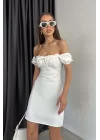 Kadın Beyaz Büzgülü Aerobin Elbise 1026-1188