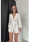 Kadın Beyaz Kuşaklı Müslin Kumaş Tulum 1017-2314
