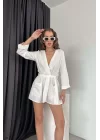 Kadın Beyaz Kuşaklı Müslin Kumaş Tulum 1017-2314