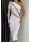 Kadın Beyaz Tek Kol Tül Detay Elbise 0994-5302