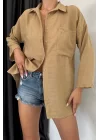 Kadın Camel Çift Cep Keten Gömlek 0999-20055