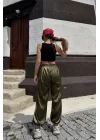 Kadın Haki Lastikli Saten Pantolon 0990-2763