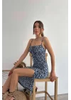 Kadın Indigo Askılı Desenli Elbise 1009-2086