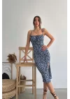 Kadın Indigo Askılı Desenli Elbise 1009-2086