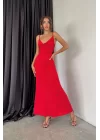 Kadın Kirmizi Askılı Uzun Elbise 1009-0614