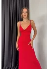 Kadın Kirmizi Askılı Uzun Elbise 1009-0614