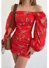 Kadın Kirmizi Büzgülü Çiçek Desen Elbise 0990-231002