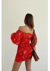 Kadın Kirmizi Büzgülü Çiçek Desen Elbise 0990-231002