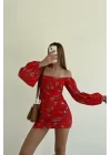 Kadın Kirmizi Büzgülü Çiçek Desen Elbise 0990-231002