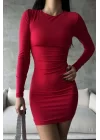 Kadın Kırmızı Büzgülü Kısa Elbise 1009-0843