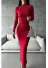 Kadın Kırmızı Büzgülü Uzun Elbise 1009-0839