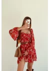 Kadın Kirmizi Çiçek Desen Elbise 0990-2711